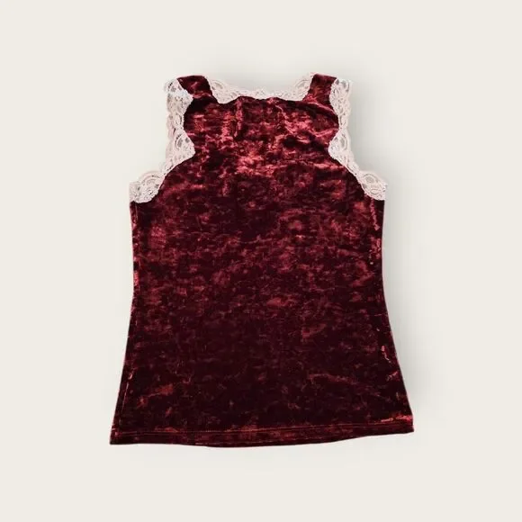 Vintage Y2k Banana Republic burgundy velour lace trim v-neck sleeveless tank top - Picture 2 of 4